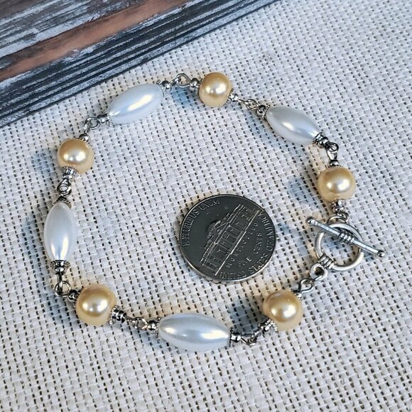 Glass Pearl Bracelet Silver White Champagne Yellow - Picture 6 of 8